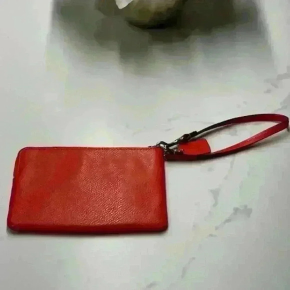 Coach Small Leather Wristlet Bag Corner Zip Purse Red Silver Logo - Picture 3 of 7
